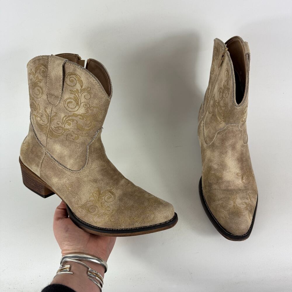 Roper Short Stuff Ankle Boots Women's 10 Brown Embossed Leather Snip Toe Casual